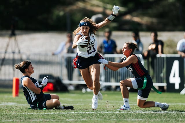 U.S. National Team flag football player Isabella Geraci runs with the ball in a game during the 2024 IFAF Flag Football World Championships at the Pajulahti Olympic Training Center in Lahti, Finland. 