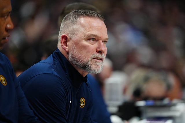 Apr 6, 2025; Denver, Colorado, USA; Denver Nuggets head coach Michael Malone during the second quarter against the Indiana Pacers at Ball Arena. Mandatory Credit: Ron Chenoy-Imagn Images/ File Photo