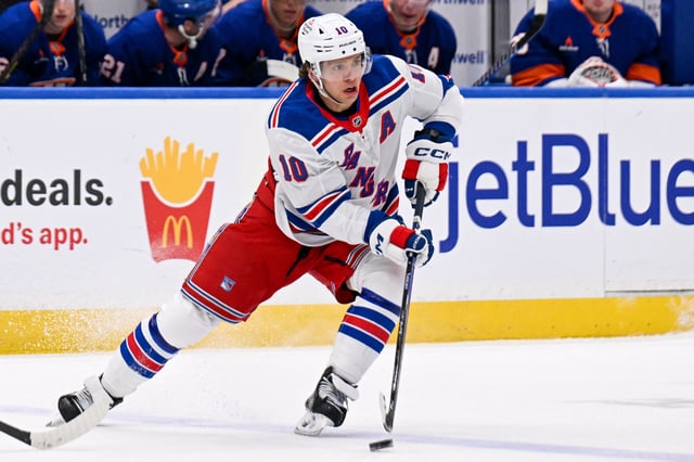 Apr 10, 2025; Elmont, New York, USA;  New York Rangers left wing Artemi Panarin (10) skates across the blue against the New York Islanders during the first period at UBS Arena. Mandatory Credit: Dennis Schneidler-Imagn Images/ File Photo