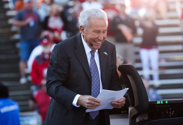 Oct 7, 2023; Dallas, Texas, USA;  ESPN personality Lee Corso before the game between the Texas Longhorns and Oklahoma Sooners at the Cotton Bowl. Mandatory Credit: Kevin Jairaj-USA TODAY Sports/ File Photo
