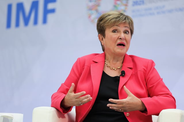 International Monetary Fund (IMF) Managing Director Kristalina Georgieva speaks with moderator Maria Bartiromo (not pictured), ahead of the IMF/World Bank Spring Meetings, at the IMF headquarters in Washington, D.C., U.S., April 17, 2025. REUTERS/Leah Millis