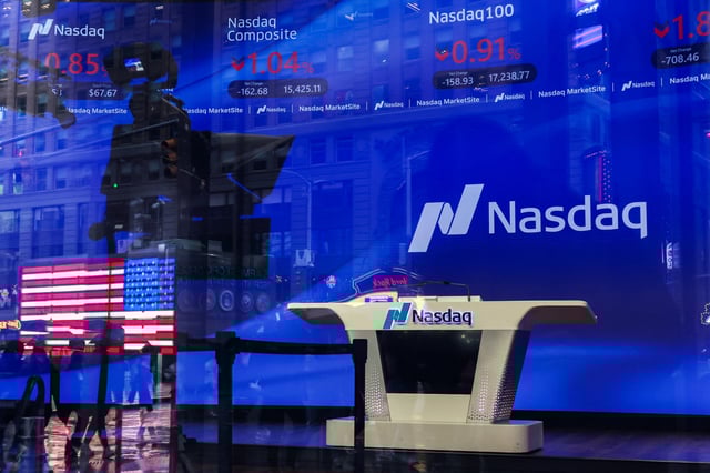 Market data is displayed on a screen inside the Nasdaq stock market site in New York City, U.S., April 7, 2025. REUTERS/Kylie Cooper/File Photo