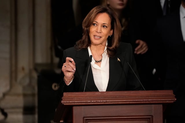 Former Vice President Kamala Harris speaks during a memorial ceremony for former President Jimmy Carter in the Rotunda at the U.S. Capitol on Jan. 7, 2025 in Washington, DC.