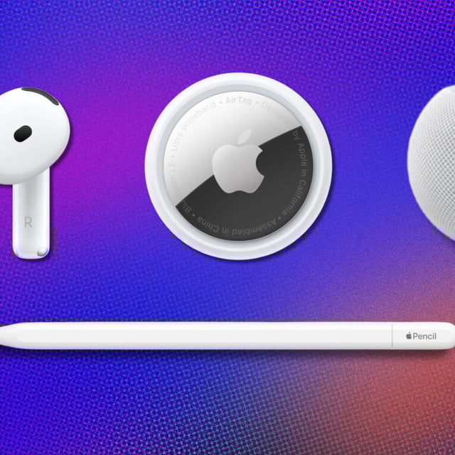apple airpods, an apple airtag, the apple HomePod mini, and an apple pencil on a purple background