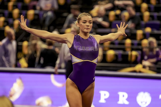 Olivia Dunne of the LSU Tigers warms up prior to a meet against the Iowa State Cyclones at the Pete Maravich Assembly Center on January 3, 2025 in Baton Rouge, Louisiana.