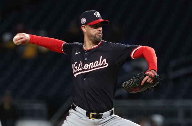 Apr 16, 2025; Pittsburgh, Pennsylvania, USA;  Washington Nationals relief pitcher Jorge Lopez (21) pitches against the Pittsburgh Pirates during the seventh inning at PNC Park. Mandatory Credit: Charles LeClaire-Imagn Images/ File Photo