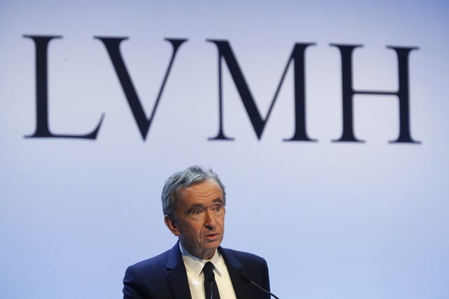 FILE - CEO of LVMH Bernard Arnault presents the group's 2019 results during a press conference, in Paris, Tuesday, Jan. 28, 2020. (AP Photo/Thibault Camus, File)