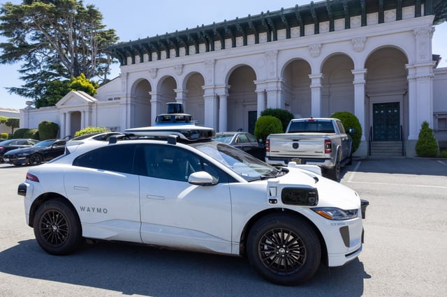 A Waymo exits Cypress Lawn in Colma, California, Tuesday, Aug. 6, 2024, the first day the driverless taxi company extended service to the north peninsula cities of Daly City, Colma and Broadmoor. (Karl Mondon/ Bay Area News Group)(Karl Mondon/ Bay Area News Group)