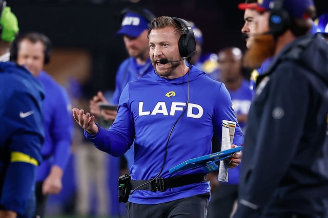 GLENDALE, AZ - JANUARY 13:  Los Angeles Rams head coach Sean McVay yells to a referee during the NFL Wild Card Playoff football game between the Minnesota Vikings and the Los Angeles Rams on January 13, 2025, at State Farm Stadium in Glendale, AZ.  (Photo by Kevin Abele/Icon Sportswire via Getty Images)