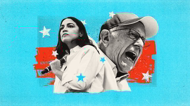Photo composite illustration of Bernie Sanders and Alexandria Ocasio-Cortez