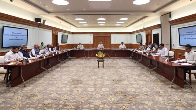 Prime Minister Narendra Modi chairs the meeting on the rejuvenation of the Yamuna at his residence in New Delhi on Thursday. (Delhi govt)