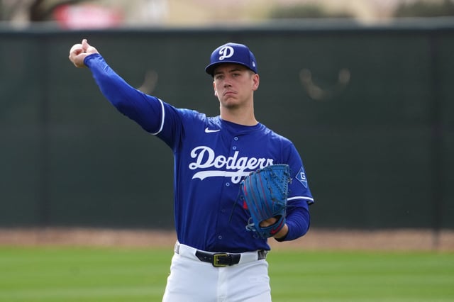 Feb 13, 2025; Glendale, AZ, USA; Los Angeles Dodgers pitcher Bobby Miller (28) throws during a Spring Training workout at Camelback Ranch Mandatory Credit: Joe Camporeale-Imagn Images/File photo