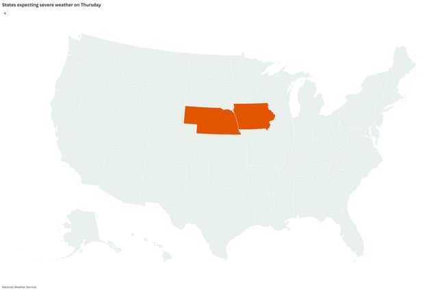 A map created by Newsweek shows the states at risk for severe weather on Thursday night.
