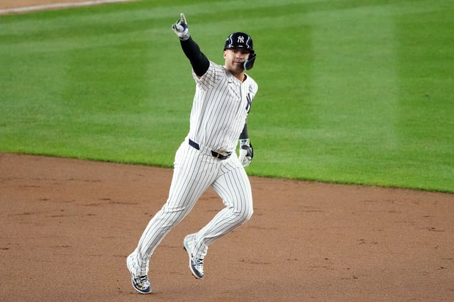 Oct 29, 2024; Bronx, New York, USA; New York Yankees outfielder Alex Verdugo (24) reacts after hitting a three run home run against the Los Angeles Dodgers in the eighth inning during game four of the 2024 MLB World Series at Yankee Stadium. Mandatory Credit: Robert Deutsch-Imagn Images/File photo