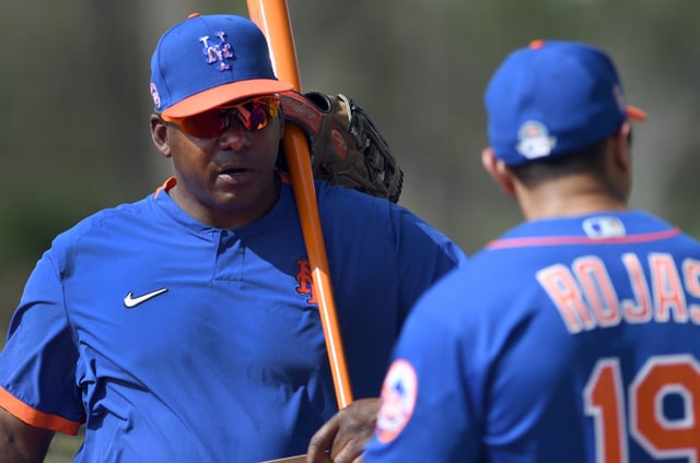 Feb 12, 2020; Port St. Lucie, Florida, USA; New York Mets bench coach Hensley Meulens (left) talks with manager Luis Rojas during the morning spring training workout. Mandatory Credit: Jim Rassol-USA TODAY Sports/File photo