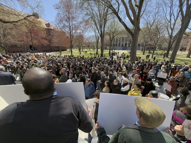 Students, faculty and members of the Harvard University community rally, Thursday, April 17, 2025, in Cambridge, Mass. (AP Photo)