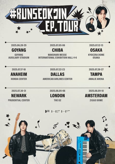 This image, provided by BigHit Music on April 18, 2025, shows places and dates for BTS member Jin's upcoming fan concert tour. (PHOTO NOT FOR SALE) (Yonhap)