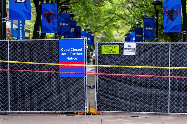 Police tape closes off the site of a dismantled pro-Palestinian encampment, as the conflict between Israel and the Palestinian Islamist group Hamas continues, at DePaul University in Chicago, Illinois, U.S., May 16, 2024. REUTERS/Jim Vondruska/File Photo