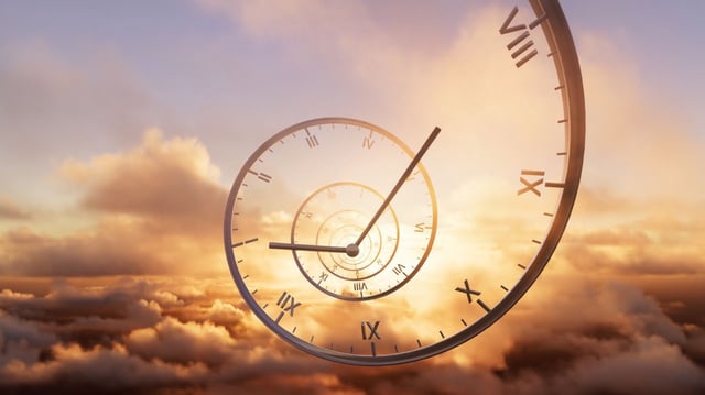 ime Is Flying By - Spiral Clock And Cloudscape - Physics, Infinity, History, Progress stock photo