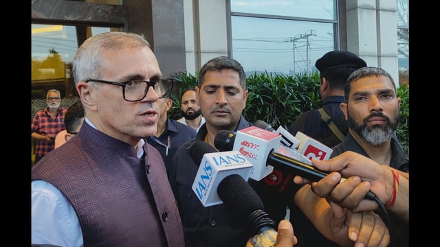 Jammu & Kashmir Chief Minister Omar Abdullah talks to the media, in Jammu, on Thursday. (PTI)