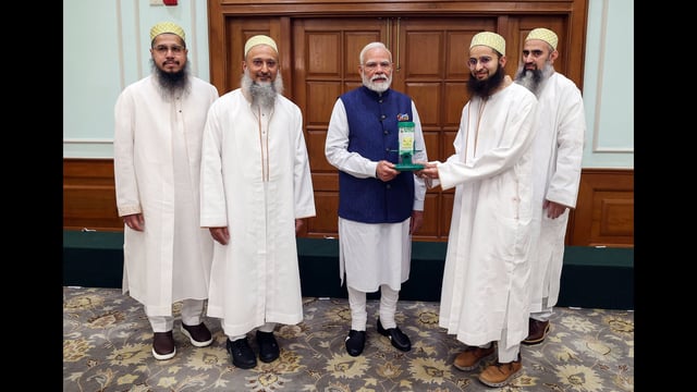 Prime Minister Narendra Modi being felicitated by a delegation from the Dawoodi Bohra community, in New Delhi on Thursday. (ANI PHOTO)