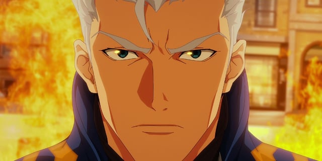 Vergil approaches through the fire in Devil May Cry