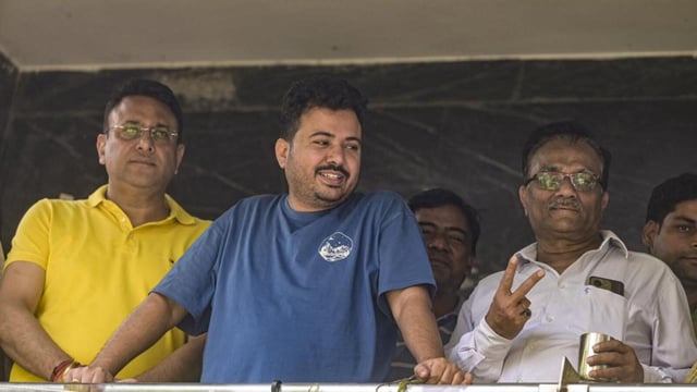 AAP’s Durgesh Pathak at his house during the CBI raid. (PTI)