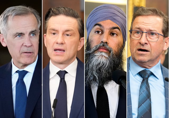 This composite image shows, left to right, Liberal Leader Mark Carney on March 21, 2025; Conservative Leader Pierre Poilievre on March 4, 2025; NDP Leader Jagmeet Singh on Jan. 22, 2025; Bloc Leader Yves-Francois Blanchet on March 5, 2025. 