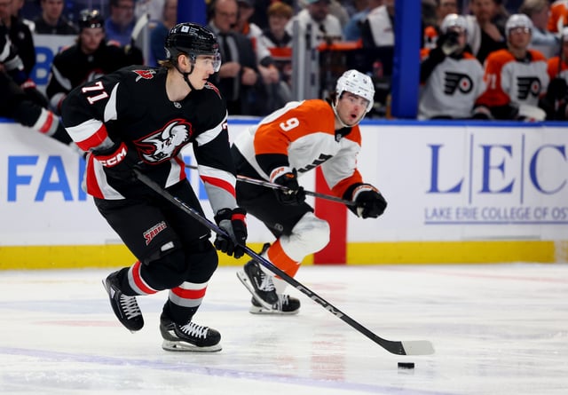 Apr 17, 2025; Buffalo, New York, USA;  Buffalo Sabres center Ryan McLeod (71) skates up ice with the puck during the first period against the Philadelphia Flyers at KeyBank Center. Mandatory Credit: Timothy T. Ludwig-Imagn Images