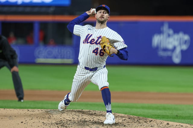Apr 17, 2025; New York City, New York, USA; New York Mets starting pitcher Griffin Canning (46) delivers a pitch during the fourth inning against the St. Louis Cardinals at Citi Field. Mandatory Credit: Vincent Carchietta-Imagn Images