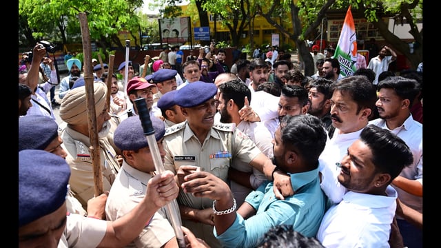 The protest comes after ED filed a chargesheet on April 9 against Congress leaders Sonia and Rahul Gandhi in the National Herald case for allegedly laundering money. (Ravi Kumar/HT)