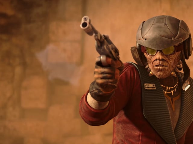 Hondo Ohnaka aims a blaster in Star Wars Outlaws: A Pirate's Fortune