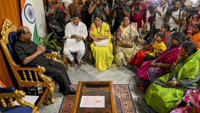 West Bengal Governor C V Ananda Bose meets people from violence hit Murshidabad, in Kolkata on Thursday. (PTI Photo)