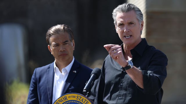 California Attorney General Rob Bonta and Gov. Gavin Newsom during a Wednesday news conference in Ceres, California. Photo: Justin Sullivan/Getty Images