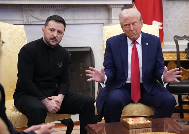 U.S. President Donald Trump (R) and Ukrainian President Volodymyr Zelensky meet in the Oval Office at the White House on February 28, 2025 in Washington, DC.