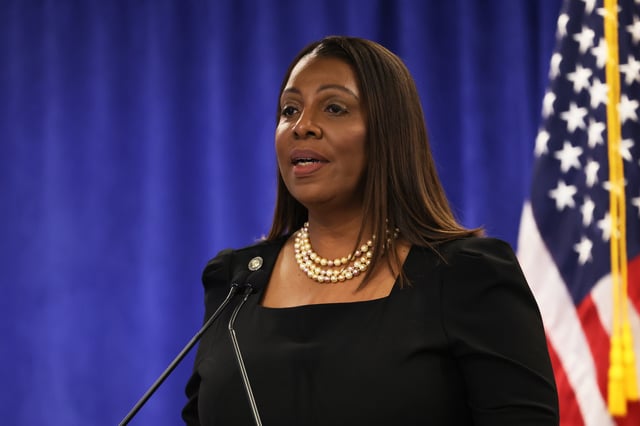 Attorney General Letitia James speaks during a press conference following a verdict against former U.S. President Donald Trump in a civil fraud trial on February 16, 2024 in New York City.
