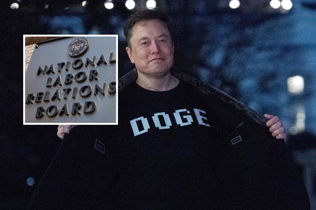 Main: Elon Musk showing off T-shirt that reads &#34;DOGE&#34; to the media as he walks on South Lawn of the White House, in Washington, March 9, 2025. Inset: The sign for the National Labor Relations Board, downtown Washington, July 17, 2013.