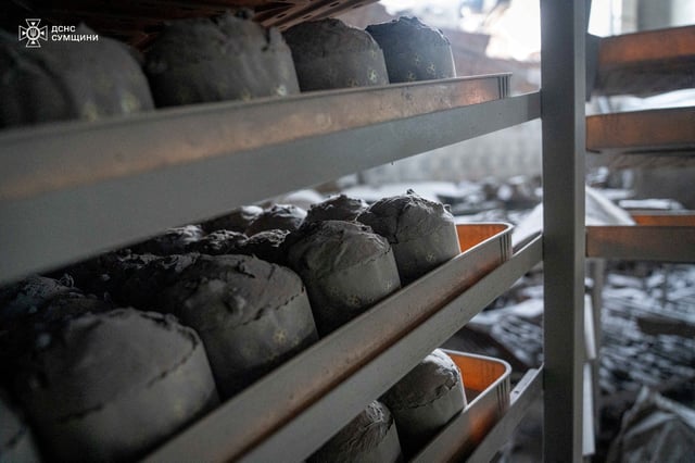 Easter cakes are seen at a compound of a bakery hit by a Russian drone strike, amid Russia's attack on Ukraine, in Sumy, Ukraine April 18, 2025. Press service of the State Emergency Service of Ukraine/Handout via REUTERS