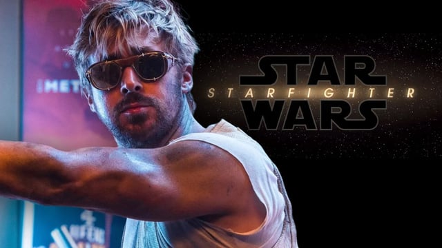 Ryan Gosling in The Fall Guy and the logo for Star Wars: Starfighter