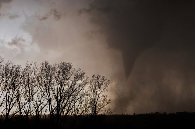 A tornado is seen just north of Omaha, Nebraska, from Highway 75, on Thursday, April 17, 2025.