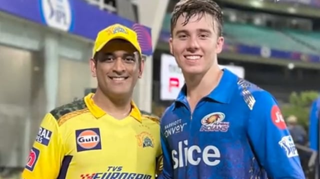 Dewald Brevis taking a photo with MS Dhoni during IPL 2024. Brevis will join CSK as a replacement player for IPL 2025.