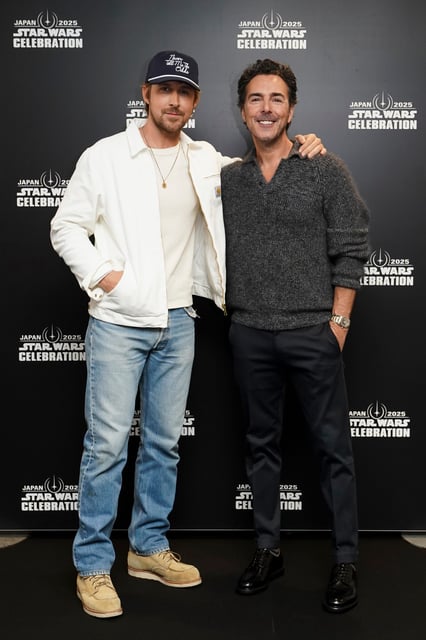 Ryan Gosling and Shawn Levy pose for a photo backstage during Star Wars Celebration Japan Day 1 on April 18, 2025, in Chiba, Japan.