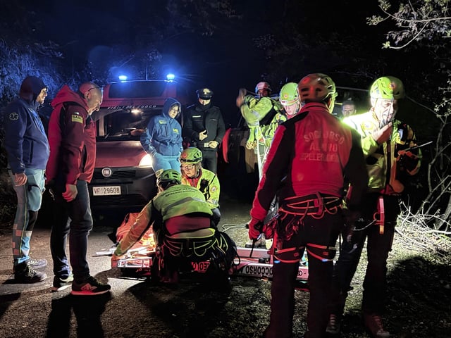 Rescuers at the site where a cable car carrying tourists south of Naples crashed after the cable snapped, killing at least four people and injuring one in Castellamare di Stabia, near Naples, Italy, Thursday, April 17, 2025.