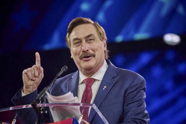 Mike Lindell speaks at the annual CPAC conference in Oxon Hill, Md., on Feb. 21, 2025. 