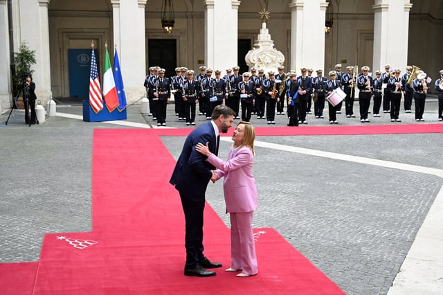U.S. Vice President JD Vance meets with Italian Prime Minister Giorgia Meloni at Chigi Palace in Rome, Italy, April 18, 2025. Kenny Holston/Pool via REUTERS