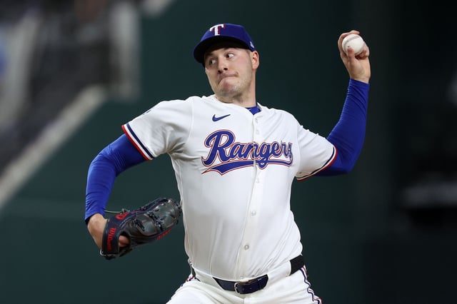 ARLINGTON, TEXAS - APRIL 16: Patrick Corbin #46 of the Texas Rangers pitches during the first inning \L at Globe Life Field on April 16, 2025 in Arlington, Texas. (Photo by Sam Hodde/Getty Images)