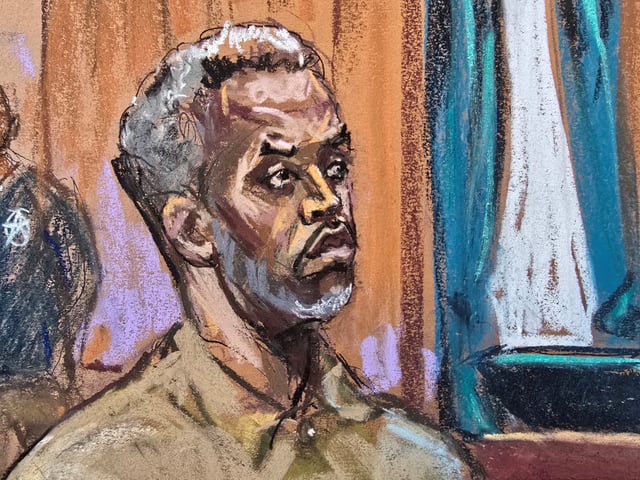 Sean "Diddy" Combs stands as he is arraigned on a superseding indictment ahead of his May trial on sex trafficking charges, in New York, U.S., March 14, 2025, in this courtroom sketch. REUTERS/Jane Rosenberg?/File Photo