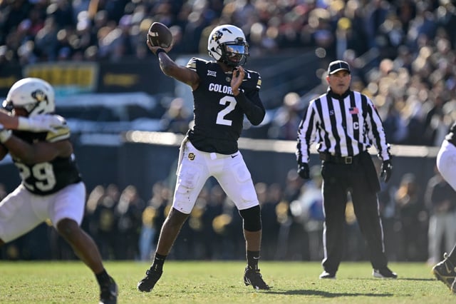 Shedeur Sanders #2 of the Colorado Buffaloes looks to pass against the Oklahoma State Cowboys in the third quarter at Folsom Field on November 29, 2024.