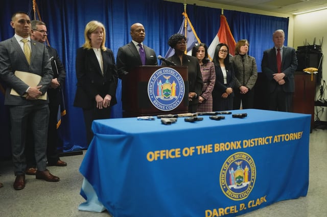 New York City officials including the mayor, police commissioner and Bronx district attorney announce a gang takedown in the Bronx on April 17, 2025.