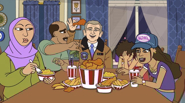 The Hussein Family enjoys a fried chicken dinner with George W. Bush on #1 Happy Family USA.